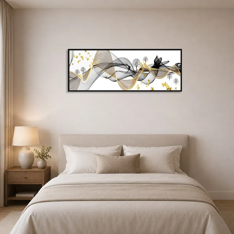 Golden Butterflies and Trees Abstract Art adding warmth above a serene bed.