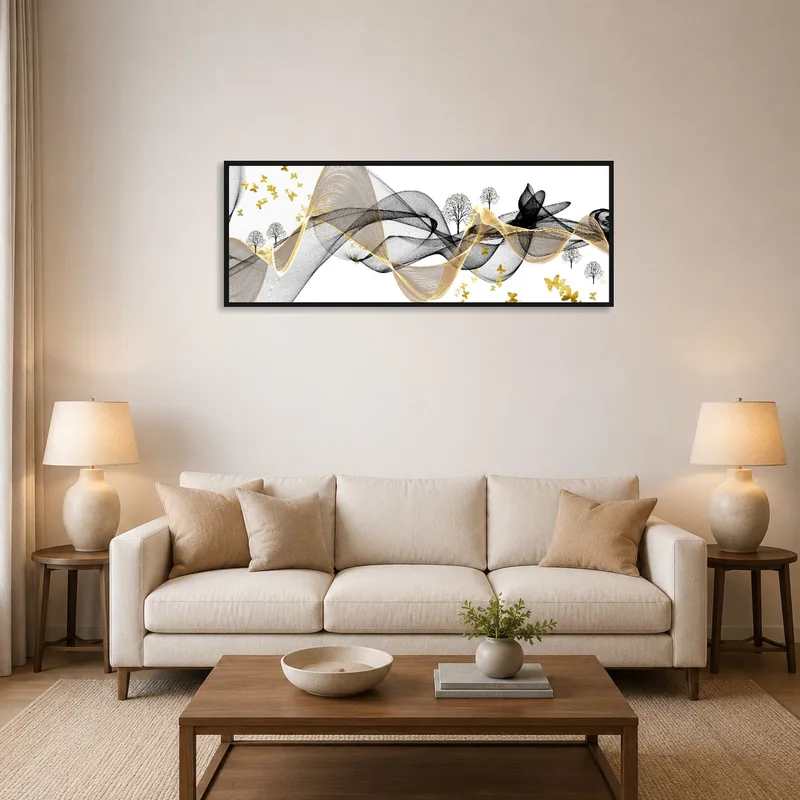 Golden Butterflies and Trees Abstract Art above a mid-century modern sofa.