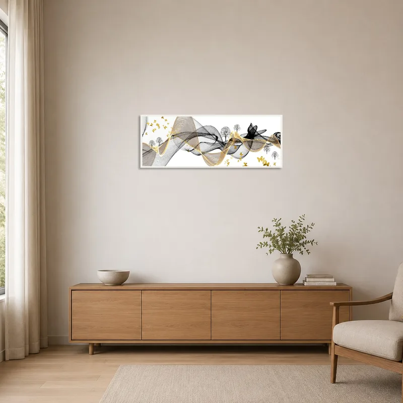 Golden Butterflies and Trees Abstract Art on a white wall with sparse furniture.