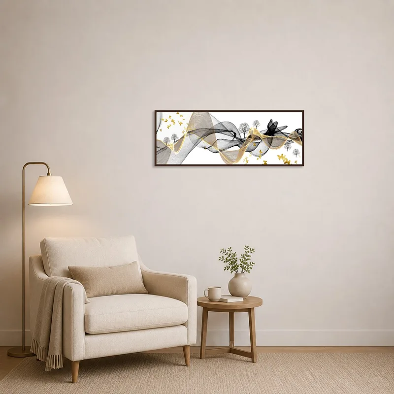 Golden Butterflies and Trees Abstract Art brightening a cozy reading nook.