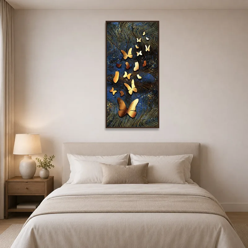 Golden butterflies art adding elegance above a plush, neatly made bed.