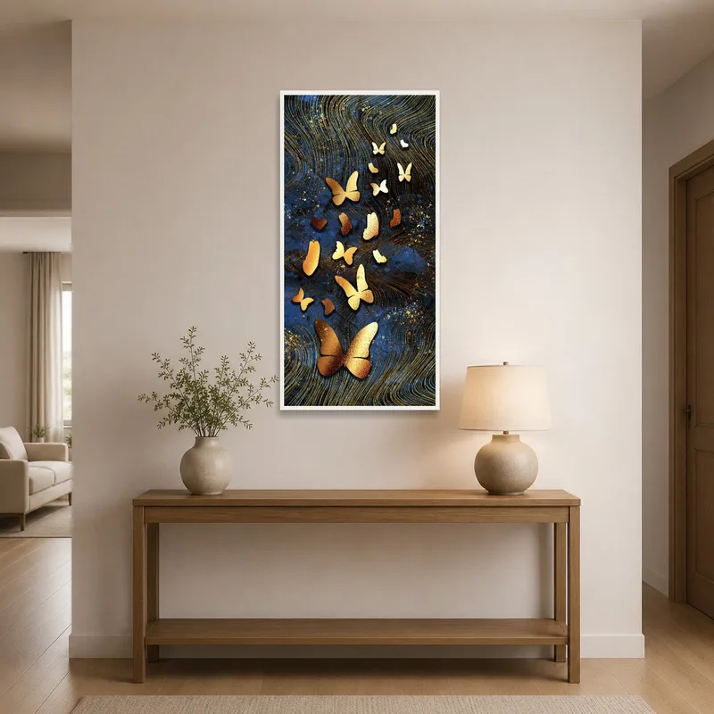 Golden butterflies art near a hallway table with a vase and mirror.