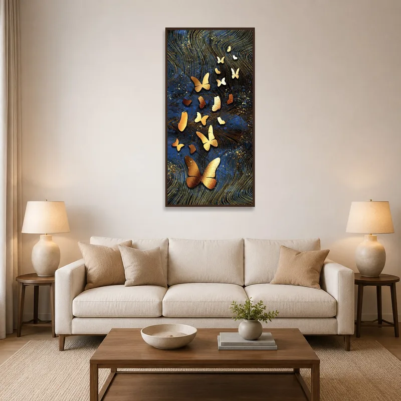 Golden butterflies art above a modern sofa with blue and gold accents.