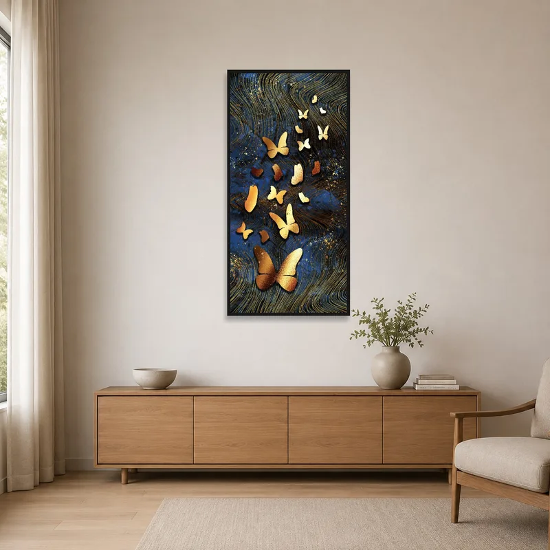Golden butterflies art on a spotless white wall with simple furnishings.