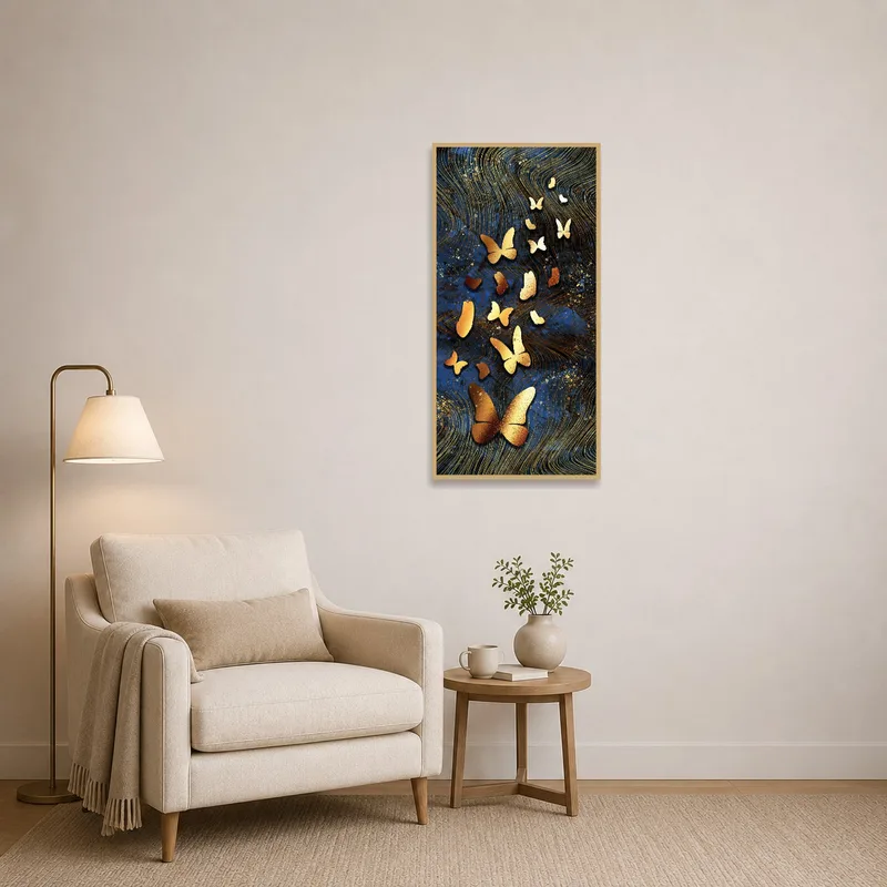 Golden butterflies art above a cozy armchair with a small lamp.