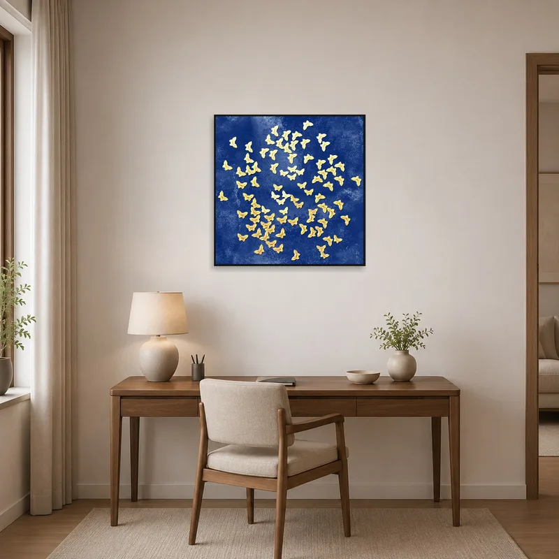 Golden butterflies on deep blue canvas displayed in a home office environment.