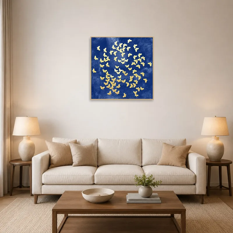 A canvas of golden butterflies against deep blue adorns a living room wall.