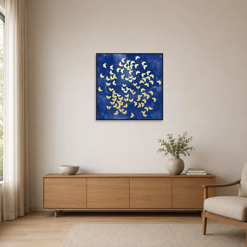 Golden butterflies on deep blue canvas, complementing a minimalist room setting.