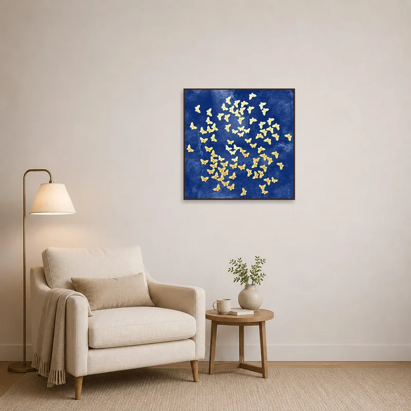 Golden butterflies on a blue canvas piece in a cozy reading corner.