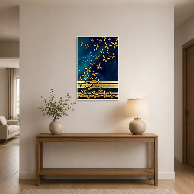 Elegant entrance with gold butterflies on blue welcoming guests.