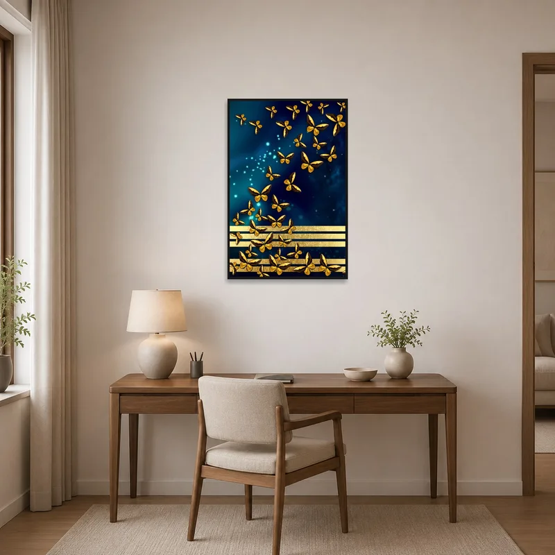 Stylish home office with gold butterflies piece adding sophistication.