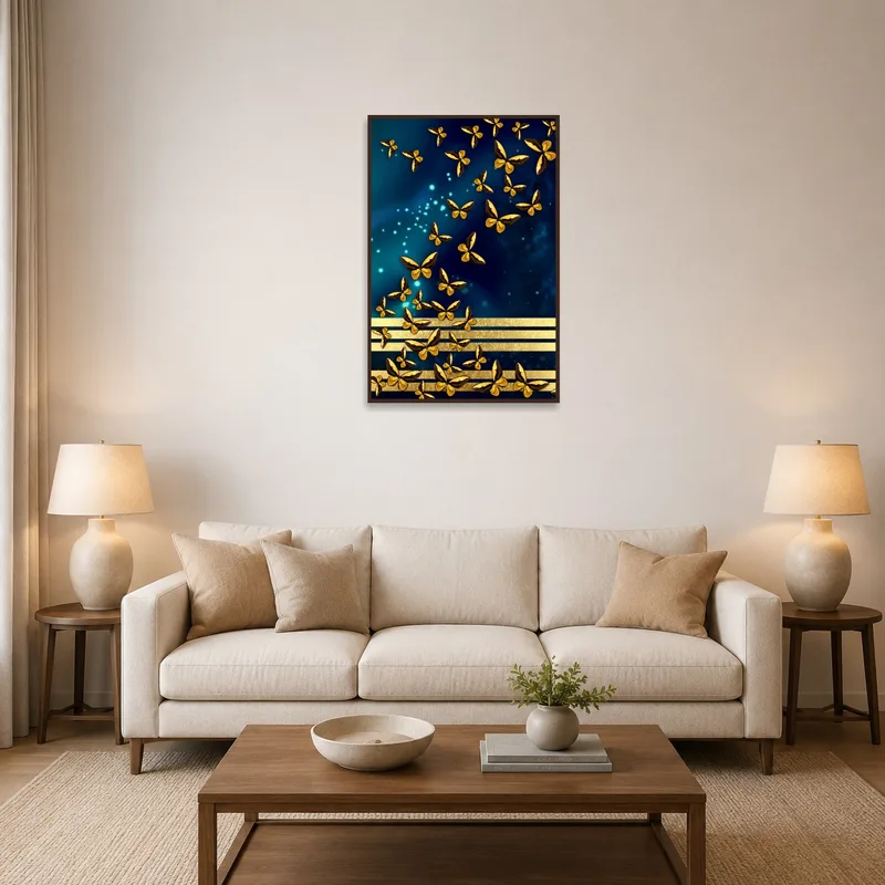 Golden butterflies art piece on blue over sofa in cozy living room.