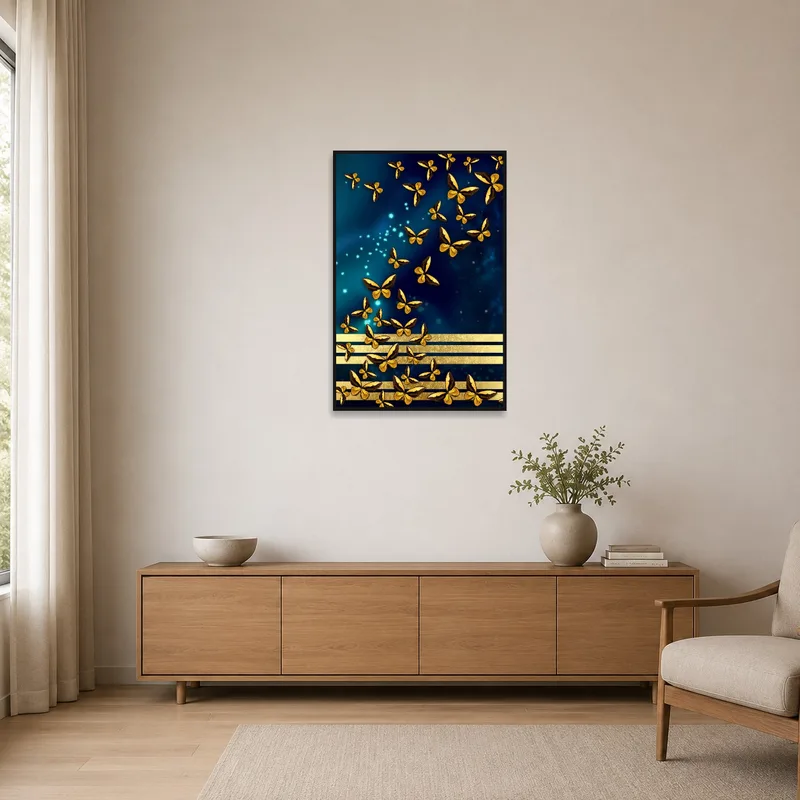 Sleek space with golden butterflies print as focal wall piece.