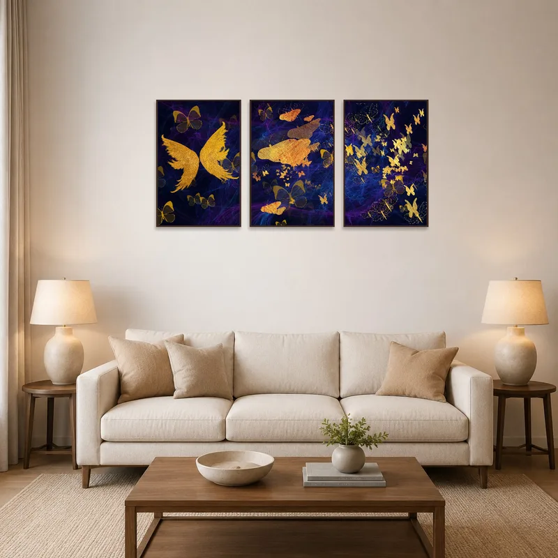 Golden Butterfly Triptych above a modern sofa in a chic living-room.