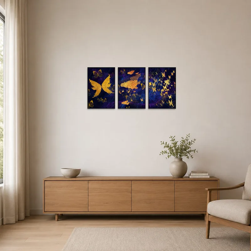 Golden Butterfly Triptych on a clean wall in a minimalist space.