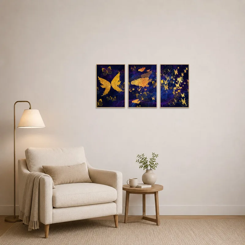 Golden Butterfly Triptych adding flair to a cozy reading-corner.