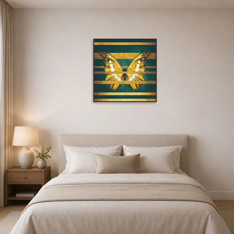 Bedroom with golden butterfly art creating a soothing ambiance above the bed.
