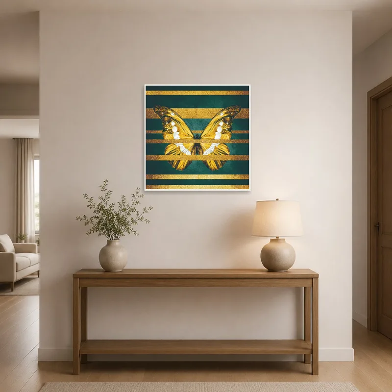 Entrance hall featuring golden butterfly art providing a touch of glamour.