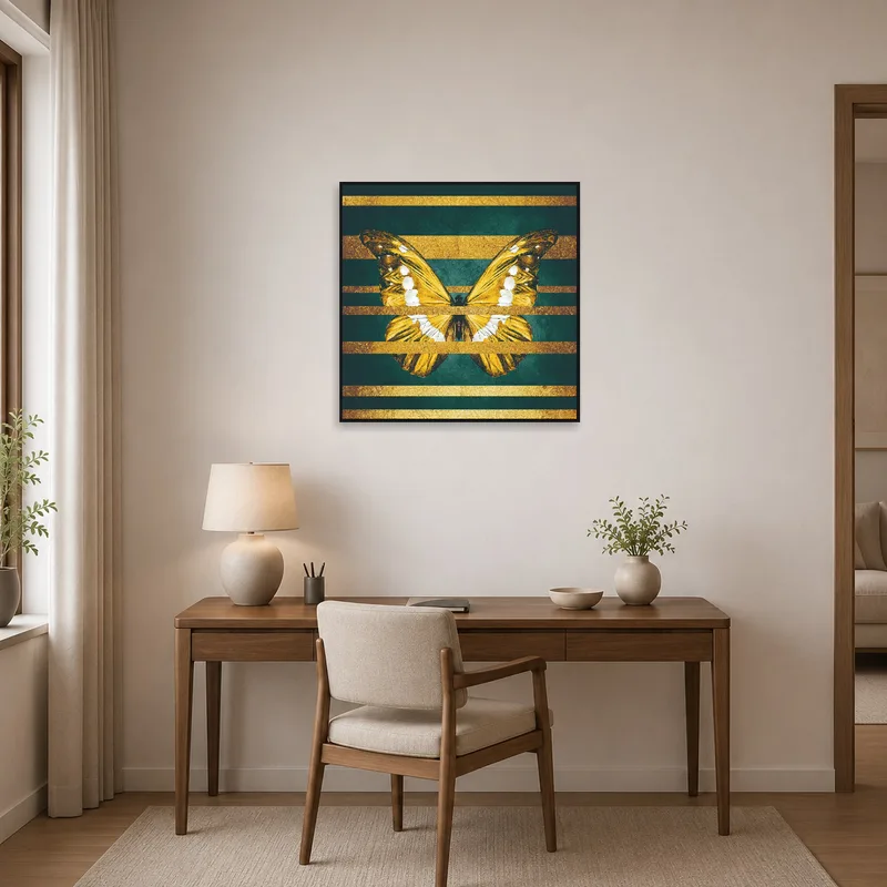 Home office wall adorned with golden butterfly art, inspiring creativity.