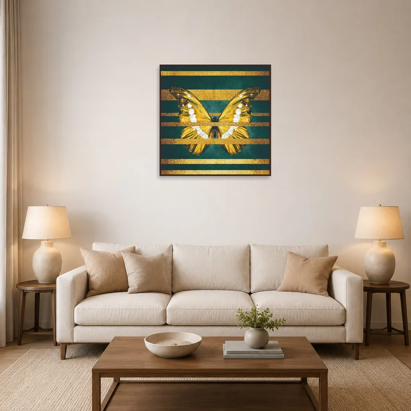 Golden butterfly art adding elegance to a living room wall with neutral tones.