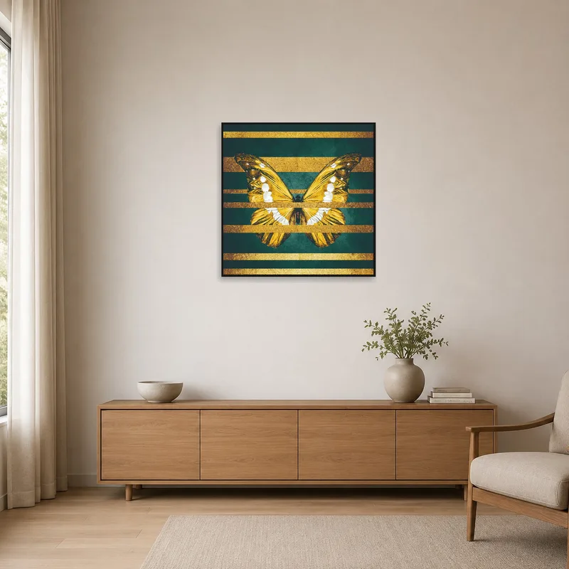 Minimalist room showcasing a golden butterfly art piece with a striped backdrop.