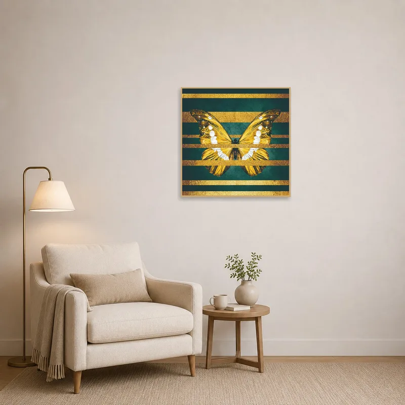 Reading corner accented by a golden butterfly art piece on a textured wall.