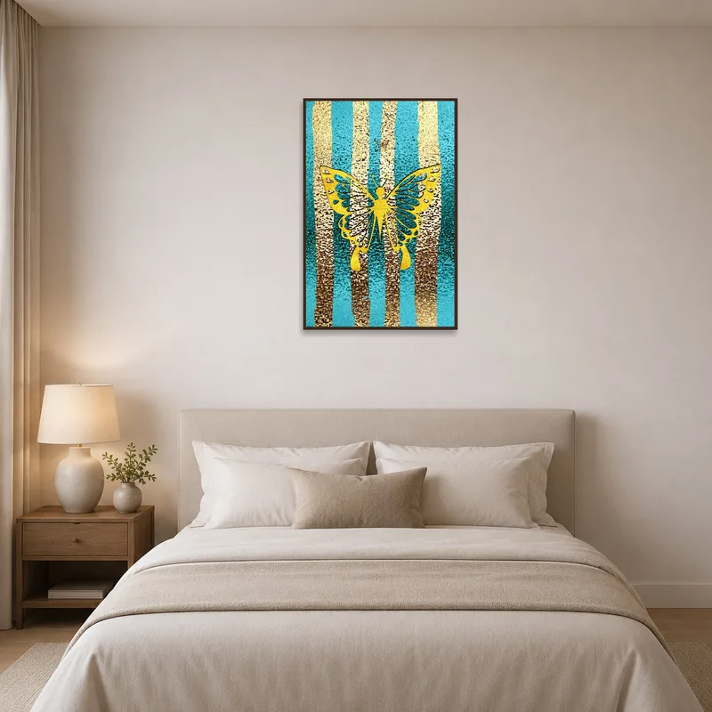 Golden butterfly silhouette shines in a tranquil bedroom setting.