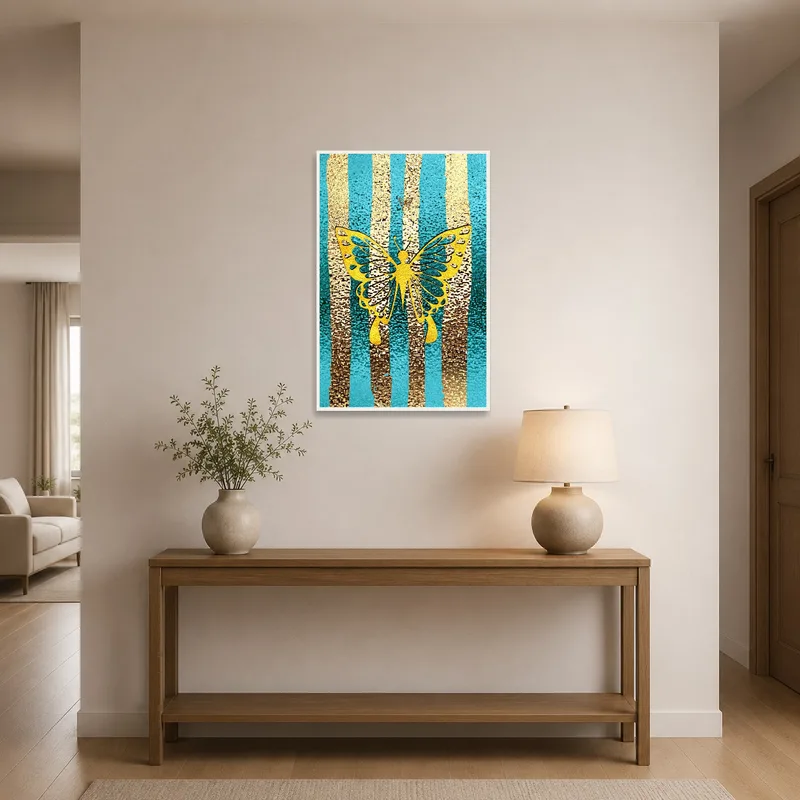 Art print of golden butterfly welcomes guests in a stylish entrance hall.