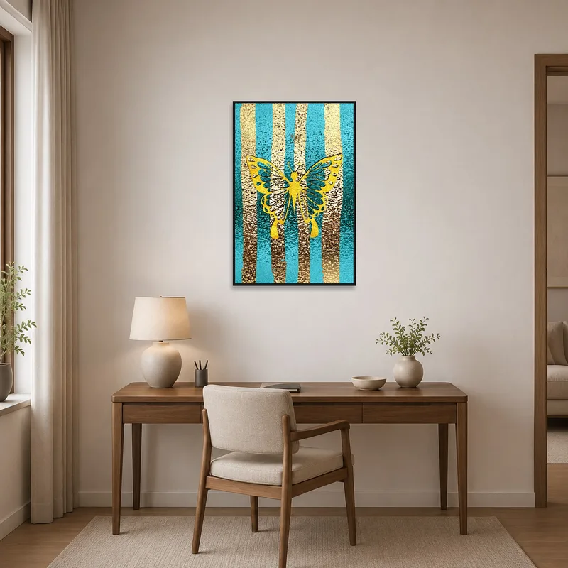 Golden butterfly art brightens up a modern home office.