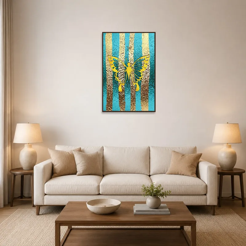 Golden butterfly art print on turquoise stripes in a chic living room.