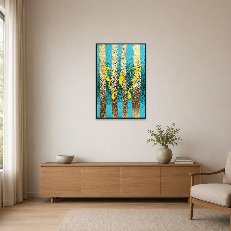 Golden butterfly print accents a minimalist space with turquoise hues.