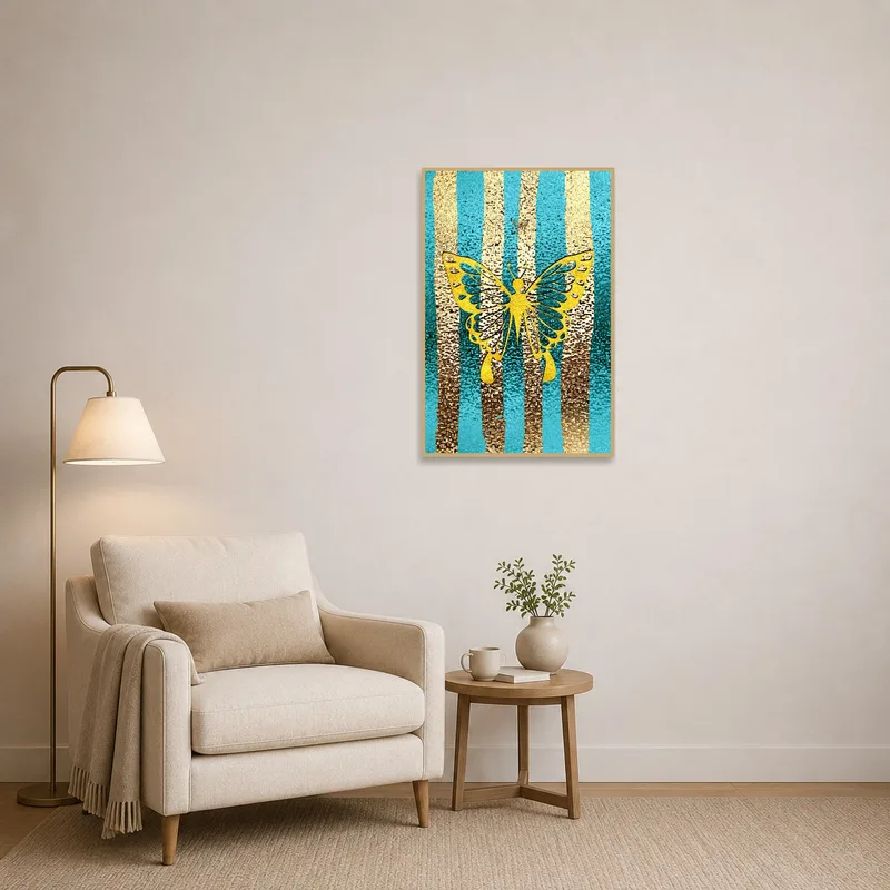 Cozy reading corner enhanced by a golden butterfly art print.