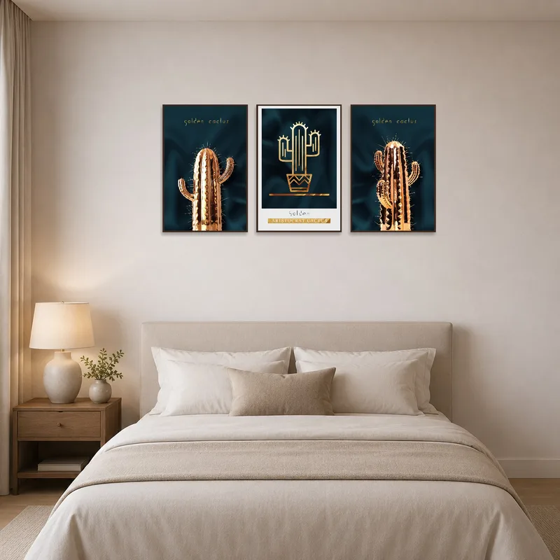 Bedroom wall adorned with a triptych of golden cactus art.