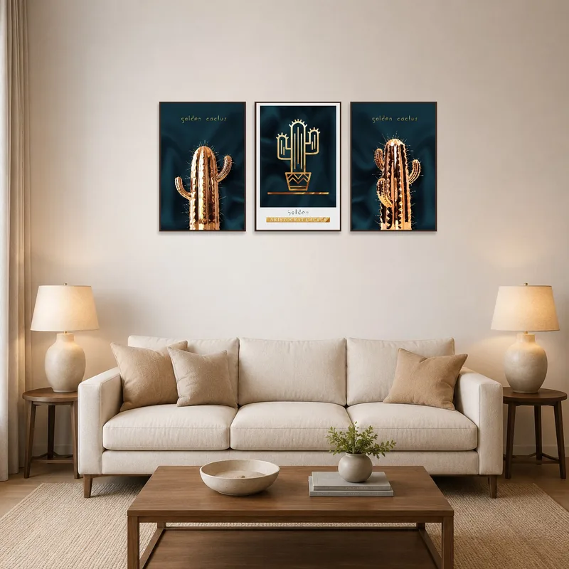 Triptych set featuring golden cacti on a living room wall with elegant furnishings.