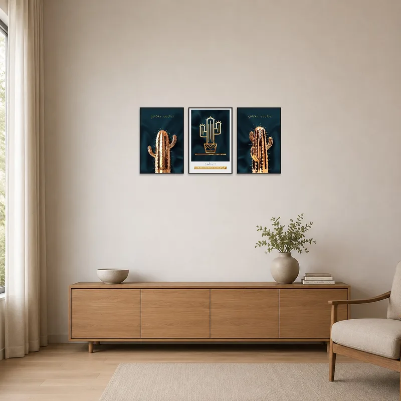 Golden cactus trio accentuating a minimalist room with sleek, simple decor.