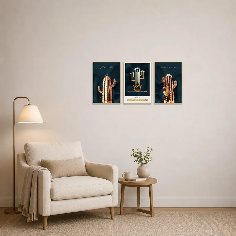 Golden cactus triptych displayed in a cozy reading corner setting.