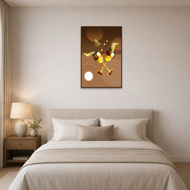 Elegance meets relaxation with this champagne artwork in a serene bedroom.