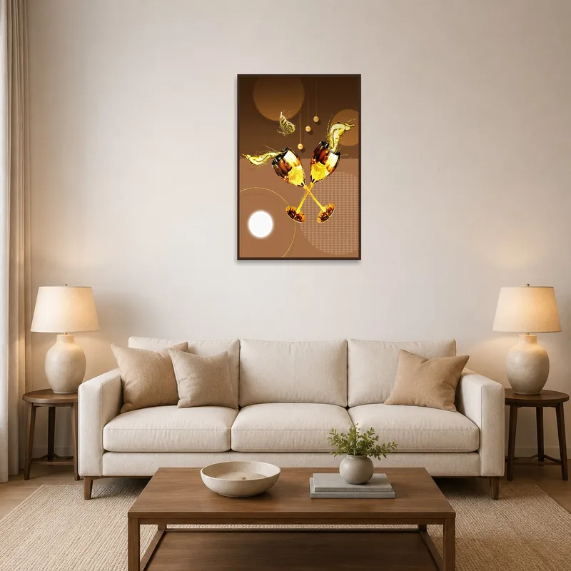 Wall art showing a champagne scene adding elegance to a cozy living room.