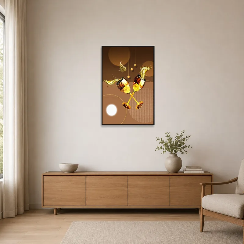 Golden champagne artwork in a minimalist setting creating a touch of luxury.