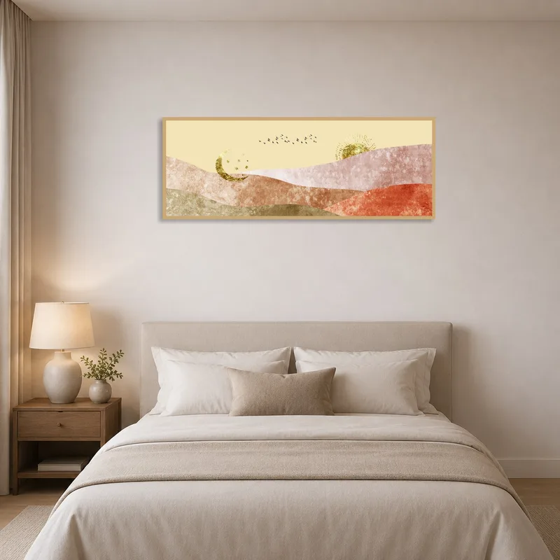 Golden Celestial Landscape art print above the bed, enhancing a serene bedroom atmosphere.