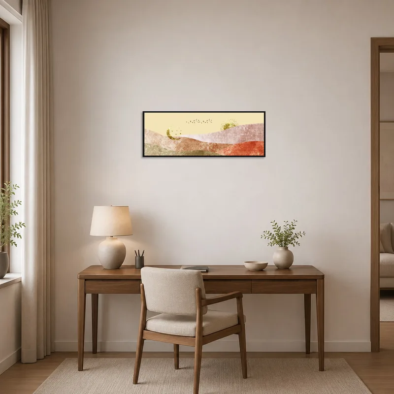 Golden Celestial Landscape art print in a home office, providing inspiration and elegance.