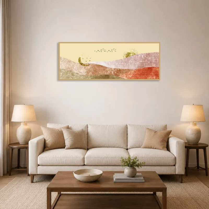 Golden Celestial Landscape art print in a cozy living room above a modern sofa.