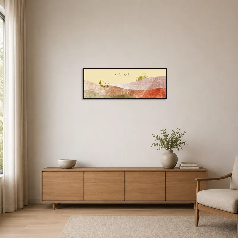 Golden Celestial Landscape art print in a minimalist room with white walls and sparse furniture.