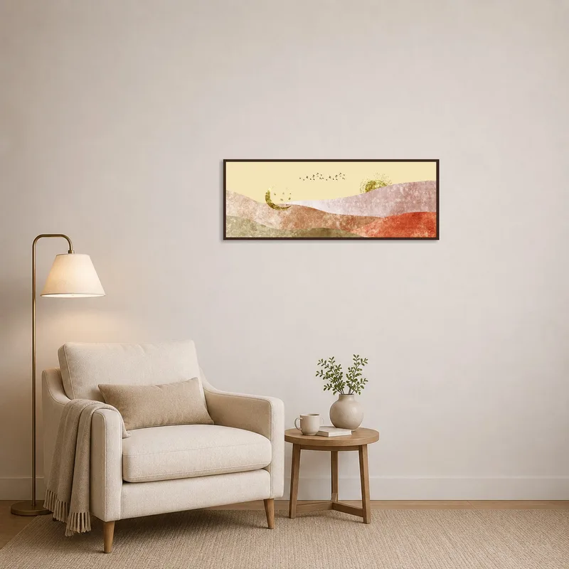 Golden Celestial Landscape art print in a reading corner, adding warmth and intrigue.