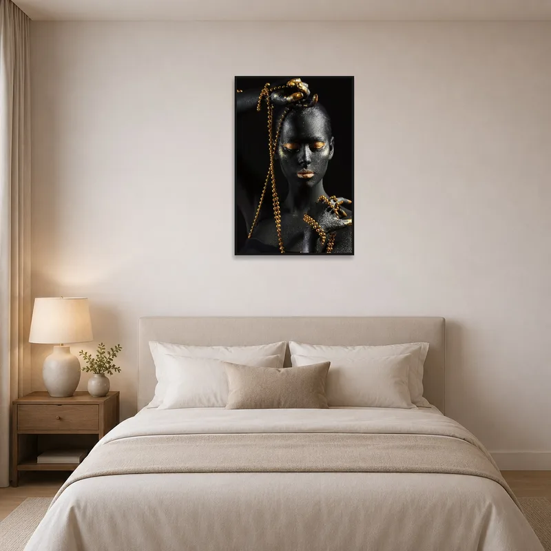 Bedroom with sophisticated art print of golden chains on a rich dark hue.