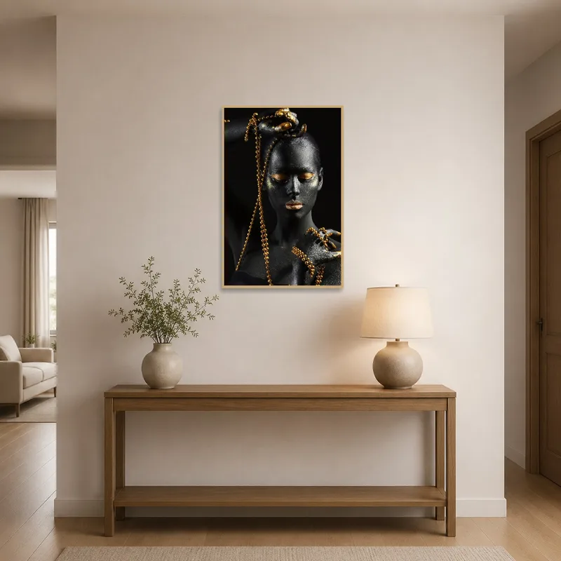 Entrance hall featuring a striking art print with golden chains on black.