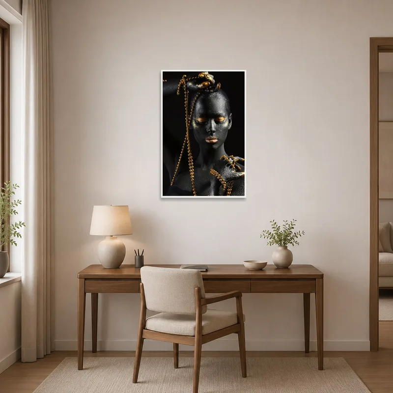Home office complemented by a gold chains print adding a touch of elegance.