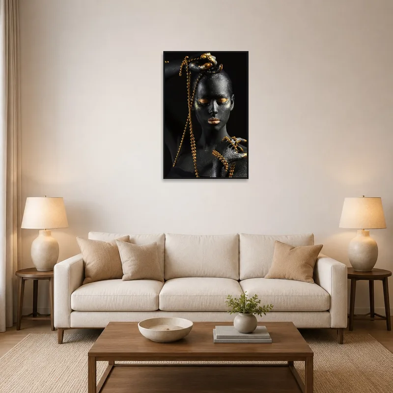 Art print with golden chains on dark background in a chic living room setting.