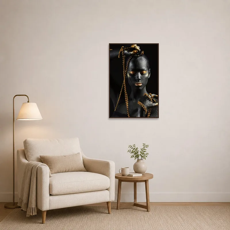 Reading corner adorned with an elegant print of golden chains on dark.