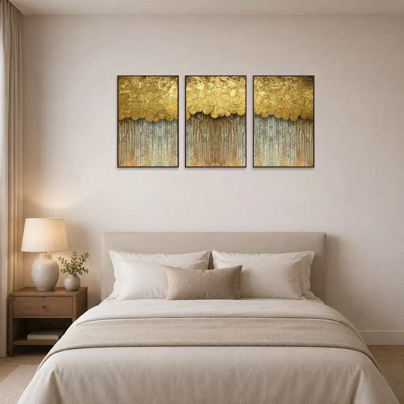 Golden circle abstract art set creates a serene ambiance in the bedroom.